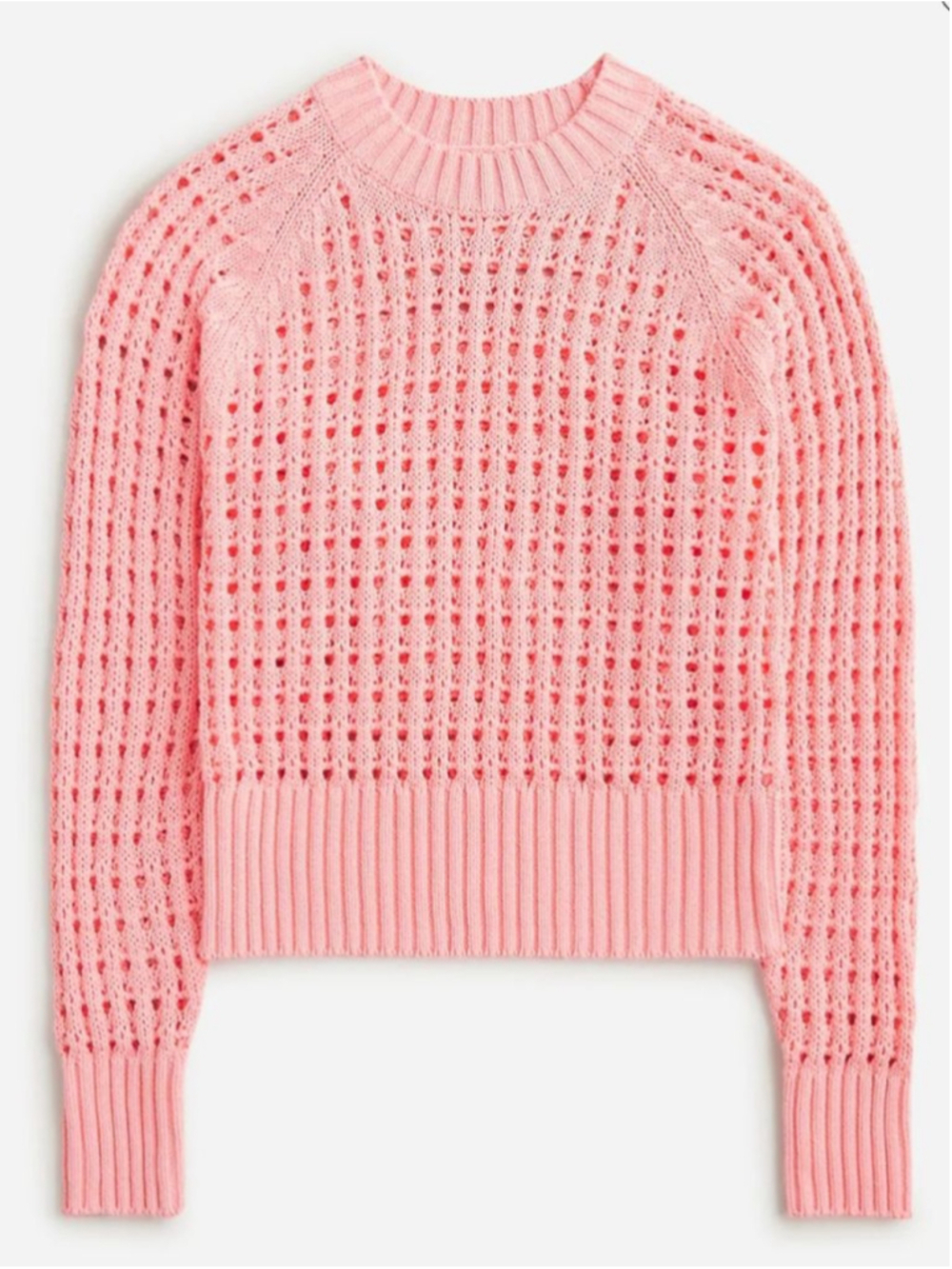 J.CREW Pointelle Open Knit Crew Neck Sweater S Brilliant Peony Beach Festival